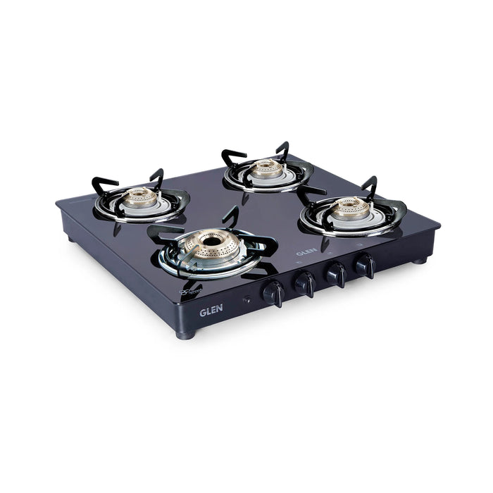 4 Burner Glass Gas Stove 1 High Flame 3 Brass Burners Double Drip Trays Black (1043 GT HFBB DD BL) - Manual/Auto Ignition