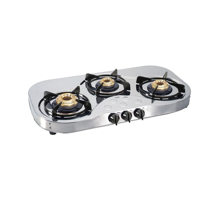 3 Burner  Stainless Steel Gas Stove with High Flame Brass Burner (1035 SS HF BB) - Manual/Auto Ignition