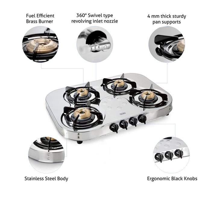 4 Burner Stainless Steel Gas Stove Extra Wide 1 High Flame 3 Brass Burner 70 CM (1045 SS HF BB) - Manual/Auto Ignition