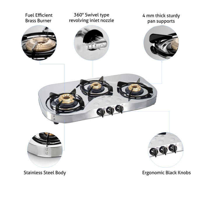 3 Burner  Stainless Steel Gas Stove with High Flame Brass Burner (1035 SS HF BB) - Manual/Auto Ignition