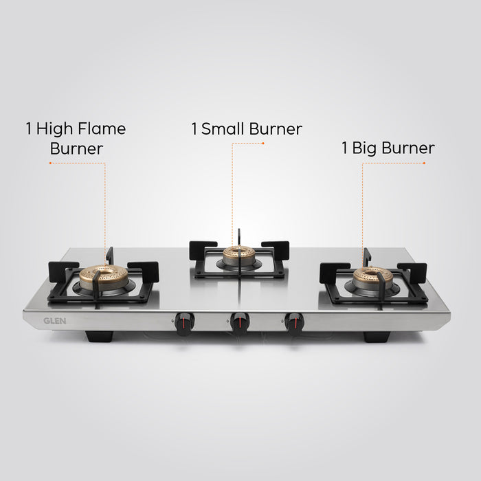3 Burner Ultra Tuff Stainless Steel Gas Stove with Forged Brass Burner - Manual/Auto Ignition (1053 UT SS 73)