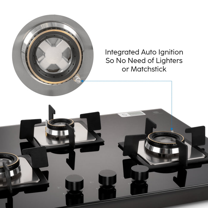3 Burner Glass Hob Top with Double Ring Forged Brass Burners Auto Ignition (BH 1073 SQ HT DB 70)