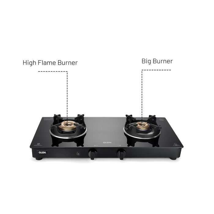 2 Burner Glass Gas Stove with High Flame Brass Burner Crown Pan Supports (CT 1022 GT BB BL HF CP) - Manual/Auto Ignition