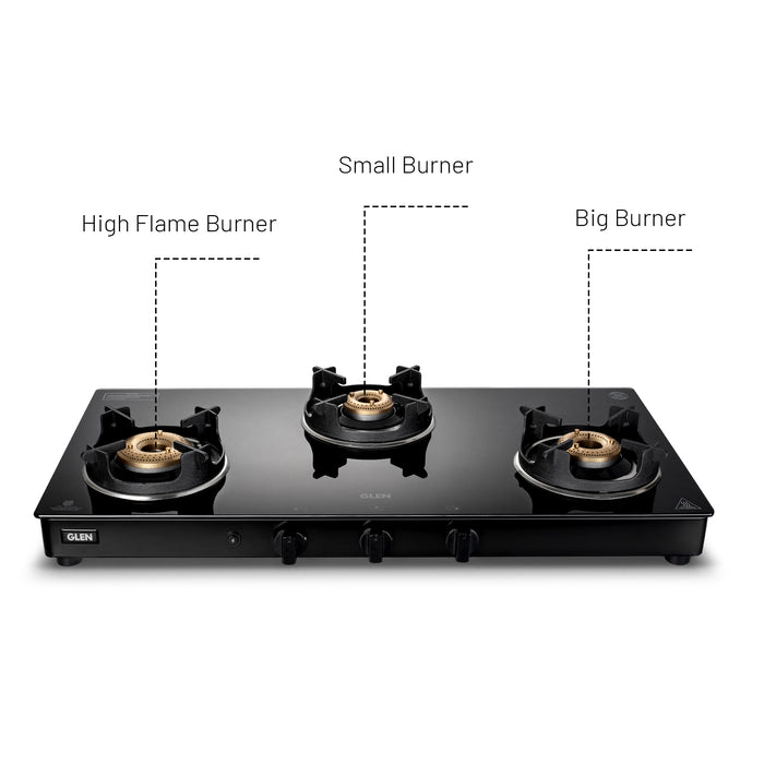 3 Burner Glass Gas Stove with High Flame Brass Burner and Crown Pan Supports (CT 1038 GT BB BL HF CP) - Manual/Auto Ignition