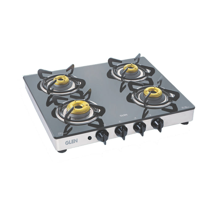 4 Burner Glass Gas Stove 1 High Flame 3 Forged Brass Burners 60 CM (1042 GT FB) - Manual/Auto Ignition