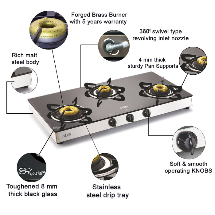 3 Burner Glass Gas Stove with High Flame Forged Brass Burner Double Drip Tray (1038 GT FB) - Manual/Auto Ignition