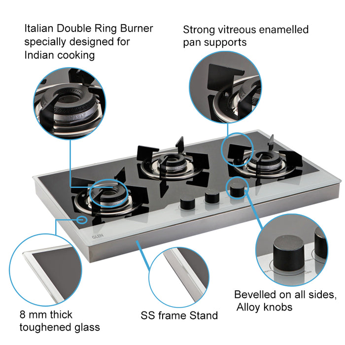 3 Burner Glass Hob Top SS Frame Double Ring Italian Burner Auto Ignition (1073 FIN BW)