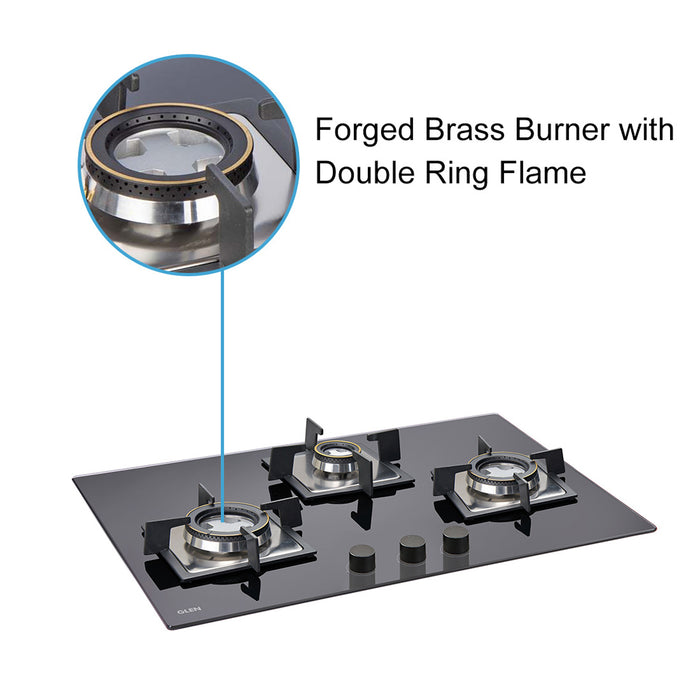 3 Burner Built In Glass Hob with Double Ring Forged Brass Burners Auto Ignition (1073 SQ DB)