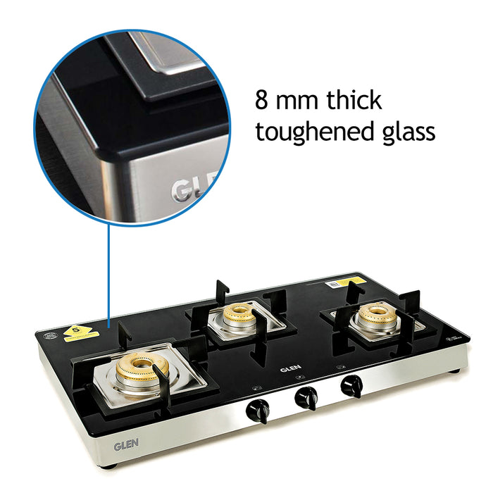 3 Burner Glass Gas Stove with High Flame Forged Brass Burner (1038 SQ GT FB) - Manual/Auto Ignition