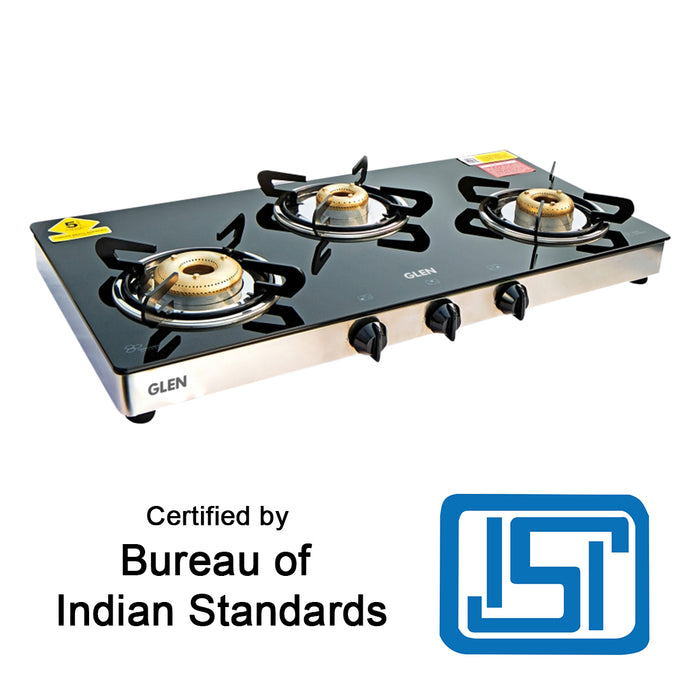 3 Burner Glass Gas Stove High Flame Forged Brass Burner XL Double Drip Tray (1033 GTXLFBDD) - Manual/Auto Ignition