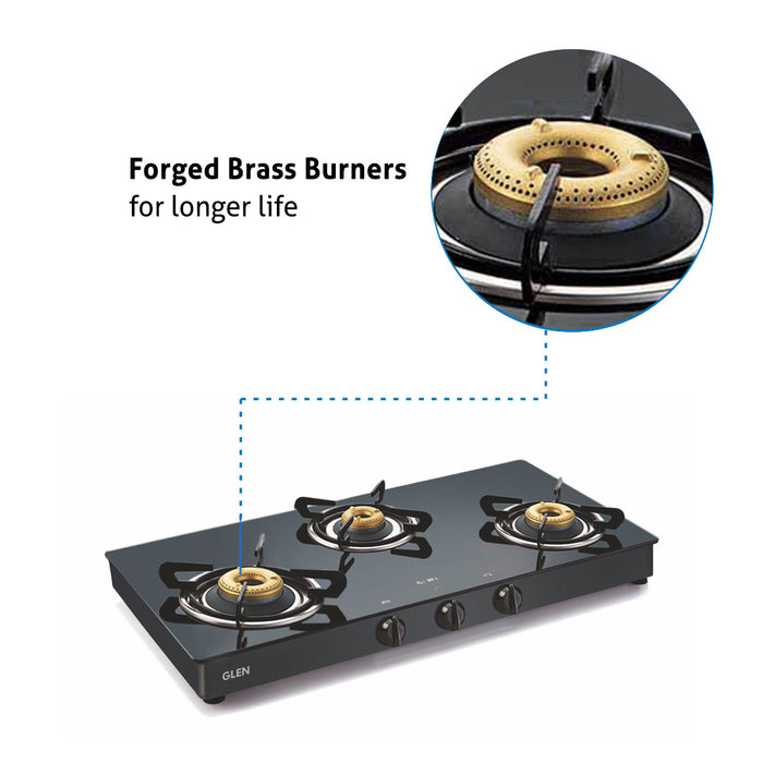 3 Burner Glass Gas Stove with High Flame Forged Brass Burner Double Drip Tray Black (1038GTFBDDBL) - Manual/Auto Ignition