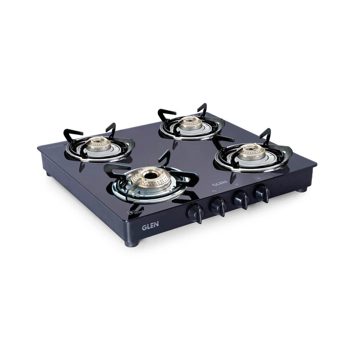 4 Burner Glass Gas Stove 1 High Flame 3 Brass Burners Double Drip Trays Black (1043 GT HFBB DD BL) - Manual/Auto Ignition