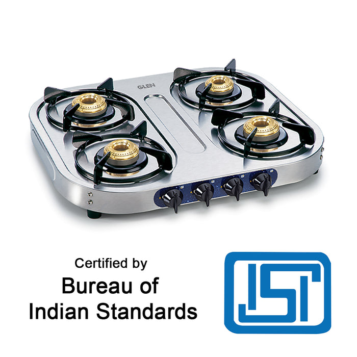 4 Burner  Stainless Steel Gas Stove with Brass Burner (1044 SS) - Manual/Auto Ignition