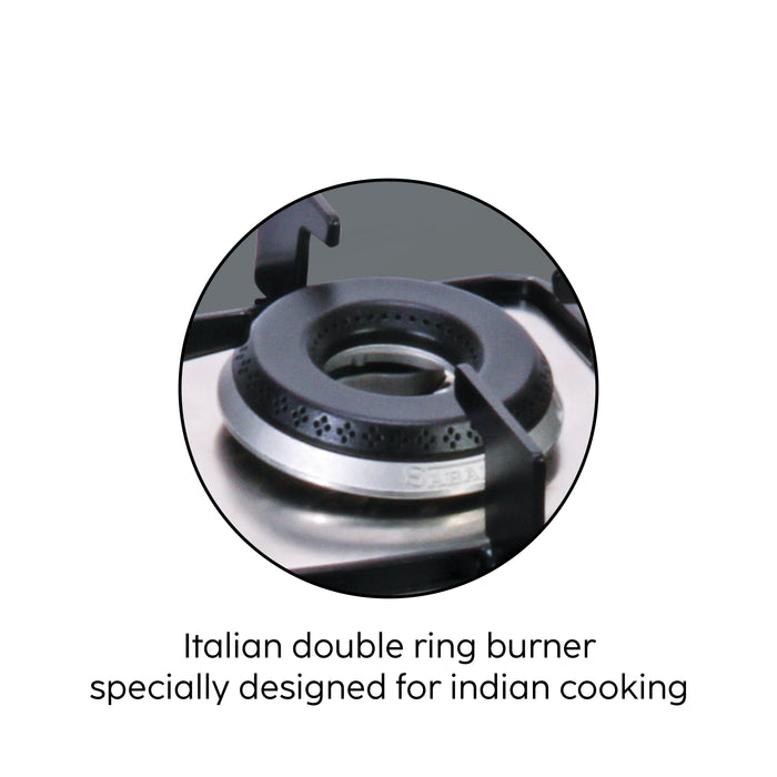 3 Burner Glass Hob Top SS Frame Italian Double Ring Burner Auto Ignition (1073 SQF IN)