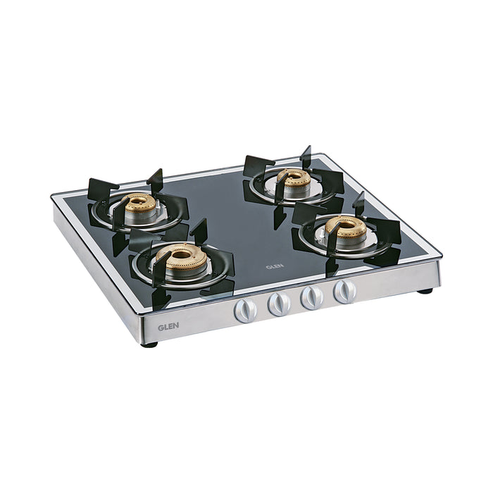 4 Burner Glass Gas Stove Mirror Finish 1 High Flame 3 Forged Brass Burner 60 CM (1042 GT FBM) - Manual/Auto Ignition