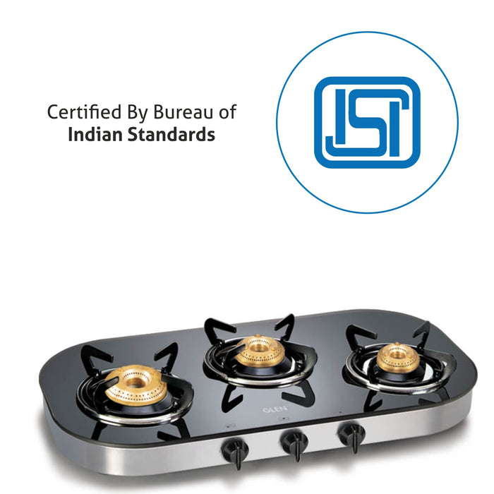 3 Burner Black Glass Gas Stove with High Flame Brass Burner (1036GT) - Manual/ Auto Ignition