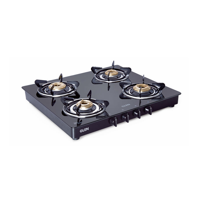 4 Burner Glass Gas Stove with Brass Burner Black (1041 GT BB BL) - Manual/Auto Ignition