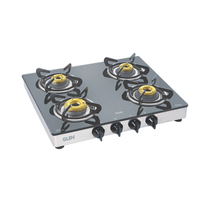 4 Burner Glass Gas Stove 1 High Flame 3 Forged Brass Burners 60 CM (1042 GT FB) - Manual/Auto Ignition