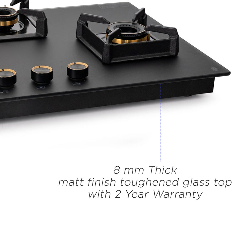 3 Burner DFVS Matt Glass Hob with Mini Triple Ring Total Brass Burner Auto Ignition (BH1073XLDFTHTTRMG)