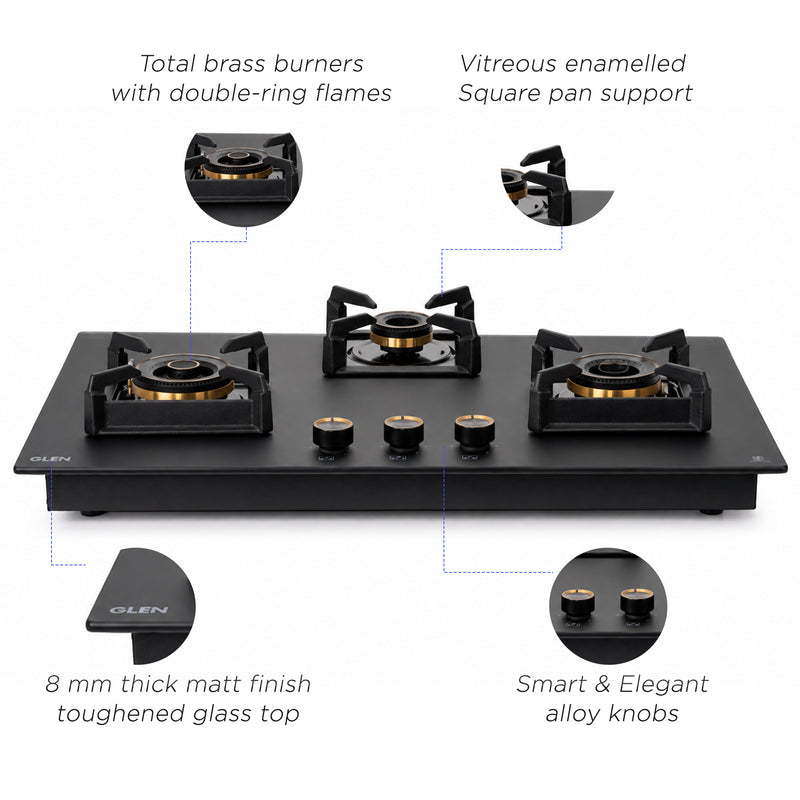 3 Burner DFVS Matt Glass Hob with Mini Triple Ring Total Brass Burner Auto Ignition (BH1073XLDFTHTTRMG)