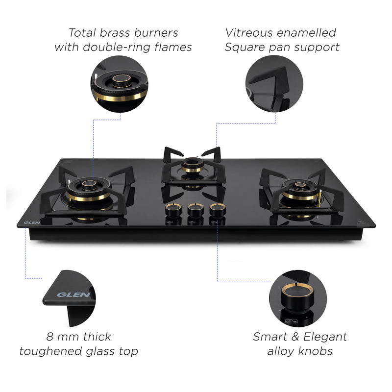 3 Burner DFVS Glass Hob with 2 Triple Ring Total Brass Burners Auto Ignition (BH1093XLDFTHT2TR)