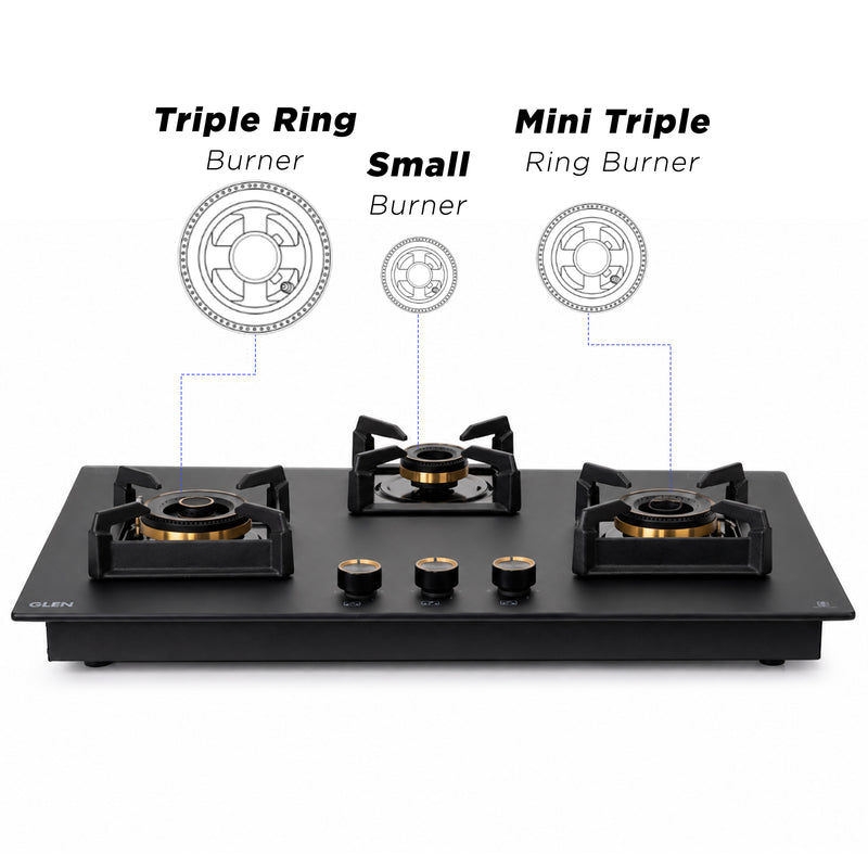 3 Burner DFVS Matt Glass Hob with Mini Triple Ring Total Brass Burner Auto Ignition (BH1073XLDFTHTTRMG)