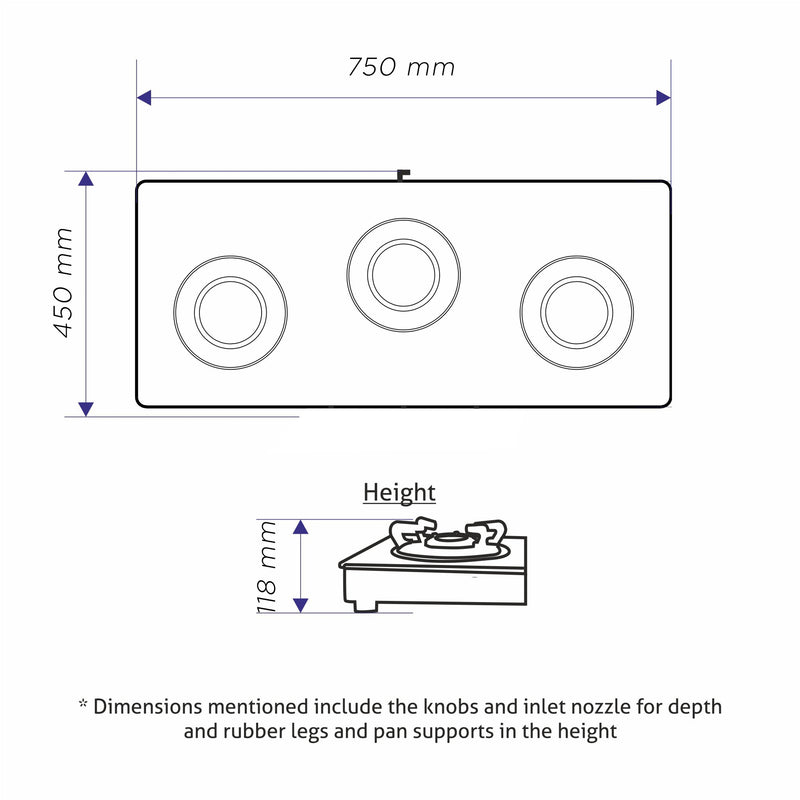 3 Burner DFVS Matt Glass Hob with Mini Triple Ring Total Brass Burner Auto Ignition (BH1073XLDFTHTTRMG)