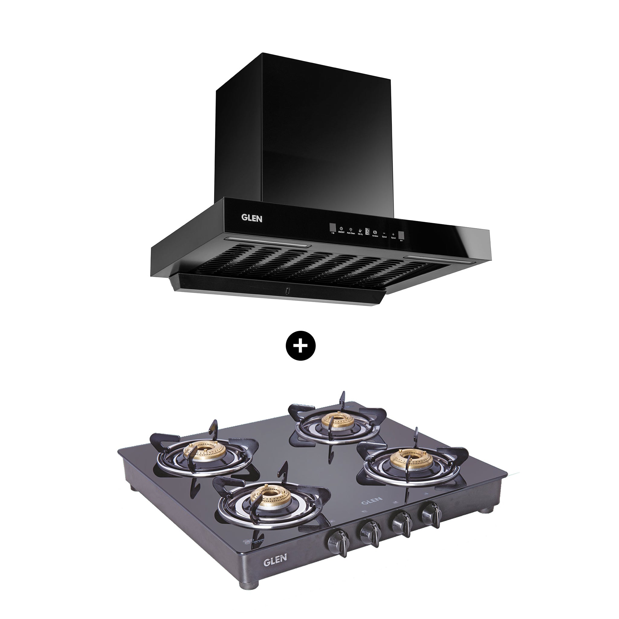 4 Burner Gas Stove Brass Burner (1043 GT BB BL) + Auto Clean Chimney with BLDC Motor Motion Sensor 60cm 1400 m3h (6052 SL BLDC B60)