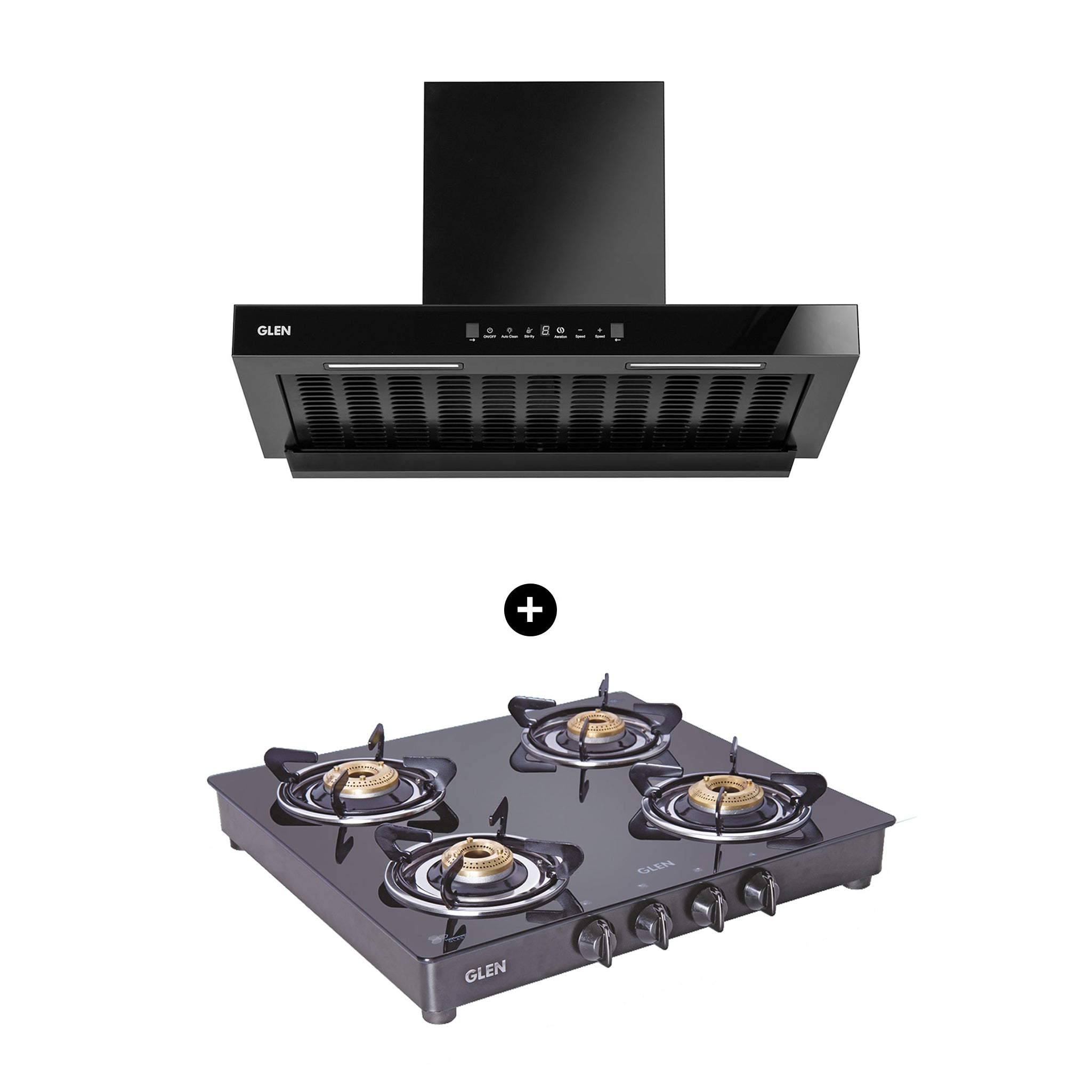 4 Burner Gas Stove Brass Burner (1043 GT BB BL) + Auto Clean Chimney with BLDC Motor Motion Sensor 76cm 1400 m3h (6052 SL BLDC B76)
