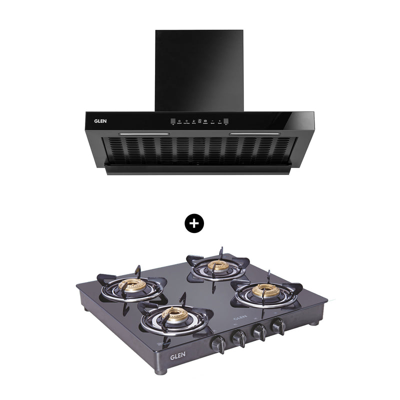 4 Burner Gas Stove Brass Burner (1043 GT BB BL) + Auto Clean Chimney with BLDC Motor Motion Sensor 76cm 1400 m3h (6052 SL BLDC B76)