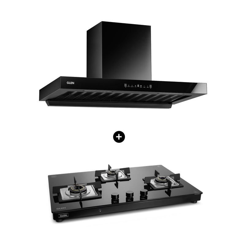 3 Burner Gas Stove Forged Brass Burner (1037 US TN) + Auto Clean Chimney with BLDC Motor Motion Sensor 90cm 1400 m3h (6052 SL BLDC B90)
