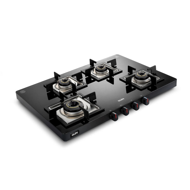 4 Burner Ultra Slim PNG Gas Stove | Black | 1 Jumbo 3 Forged Brass Burners | Manual Ignition | Revolving Inlet Nozzle | 5 Years Warranty on Glass, Valve And Burner | CT1047USBLPN