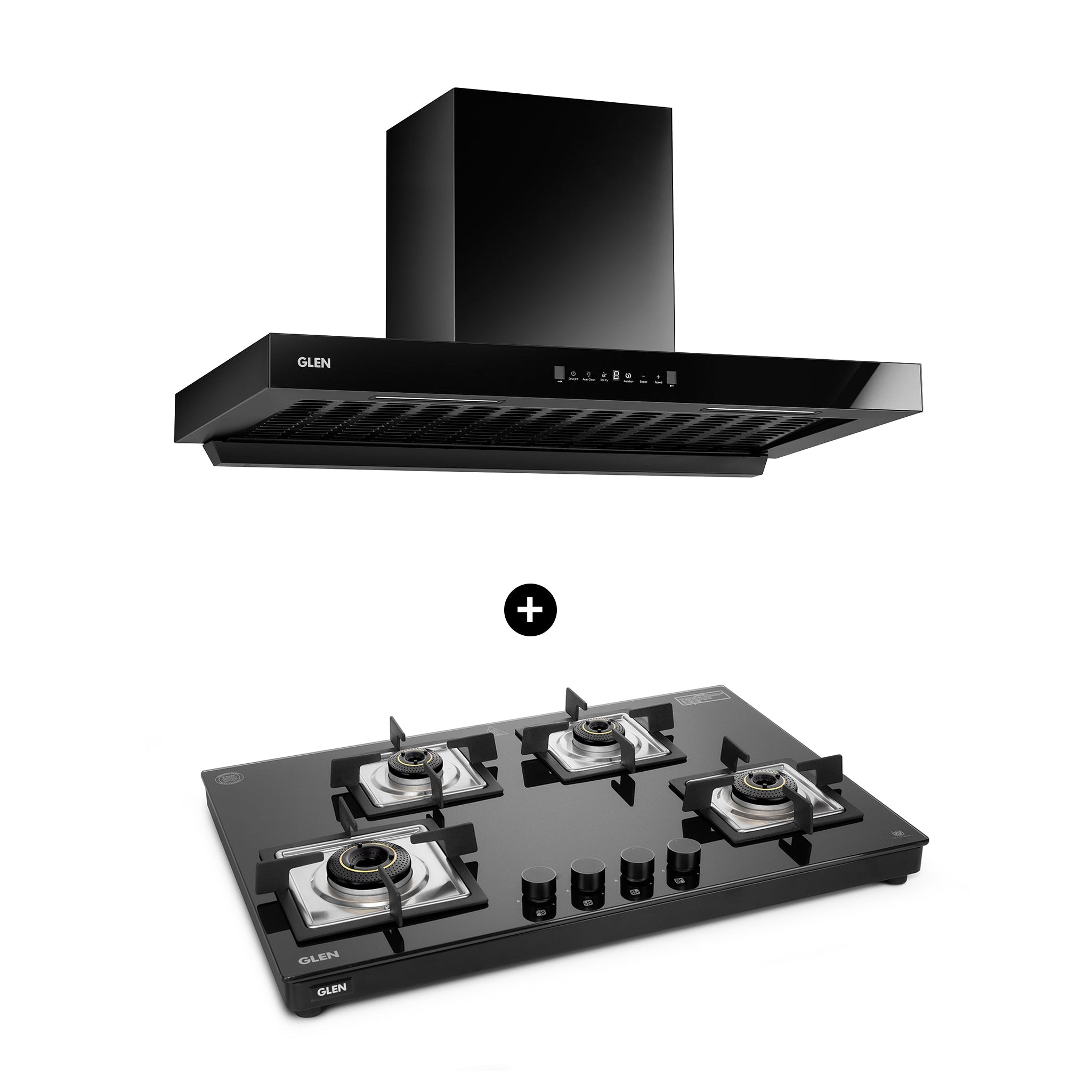 4 Burner Gas Stove Forged Brass Burner (1045 US TN) + Auto Clean Chimney with BLDC Motor Motion Sensor 90cm 1400 m3h (6052 SL BLDC B90)