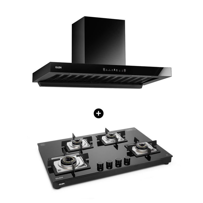 4 Burner Gas Stove Forged Brass Burner (1045 US TN) + Auto Clean Chimney with BLDC Motor Motion Sensor 90cm 1400 m3h (6052 SL BLDC B90)