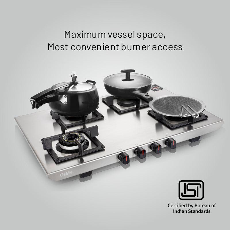 Ultra Tuff Stainless Steel LPG Gas Stove 4 Burner | Manual Ignition | 1 Jumbo Forged Brass Burner | ISI Certified | Revolving Inlet Nozzle | Warranty 2 Years Standard, 5 Years Burner | 1054UTSS73