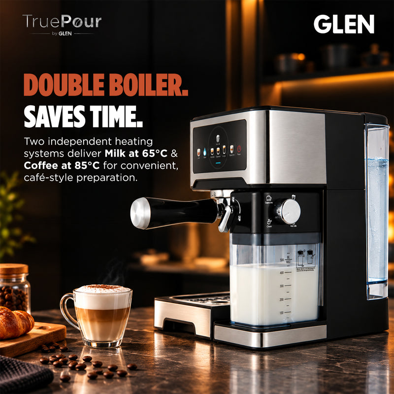 TruePour Espresso Coffee Machine | Ristretto, Espresso, Lungo, Cappuccino, Latte & Hot Milk | Automatic Milk Frother | Dual Boiler System | 1.4L Water Tank | 20 Bar Pressure | 1350W | (SA-9059ECM)