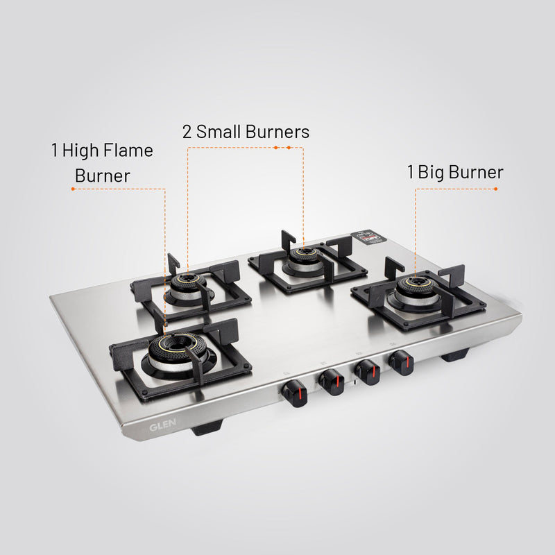 Ultra Tuff Stainless Steel LPG Gas Stove 4 Burner | Manual Ignition | 1 Jumbo Forged Brass Burner | ISI Certified | Revolving Inlet Nozzle | Warranty 2 Years Standard, 5 Years Burner | 1054UTSS73