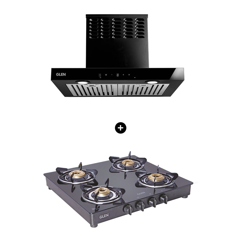 4 Burner Gas Stove Brass Burner (1043 GT BB BL) + Ductfree Kitchen Chimney Plug & Play with Baffle filters 60cm 1100 m3h (6052 DF MS BF BL 60)