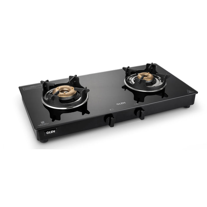 2 Burner Glass Gas Stove with High Flame Brass Burner Crown Pan Supports (CT 1022 GT BB BL HF CP) - Manual/Auto Ignition