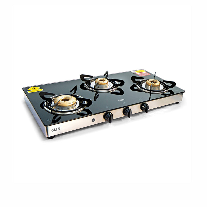 3 Burner Glass Gas Stove High Flame Forged Brass Burner XL Double Drip Tray (CT1033GTXLFBDD) - Manual/Auto Ignition
