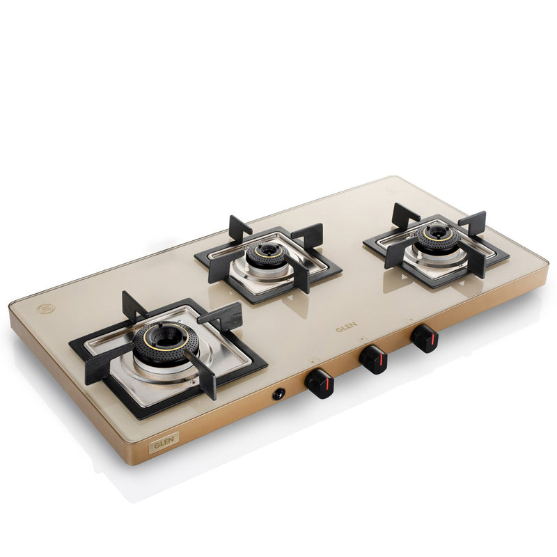 3 Burner Ultra Slim Apricot Glass Gas Stove with High Flame Forged Brass Burner - Manual / Auto Ignition (CT1035US)