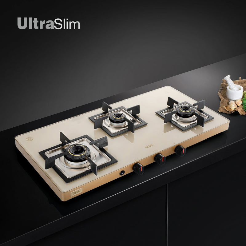 3 Burner Ultra Slim Apricot Glass Gas Stove with High Flame Forged Brass Burner - Manual / Auto Ignition (CT1035US)