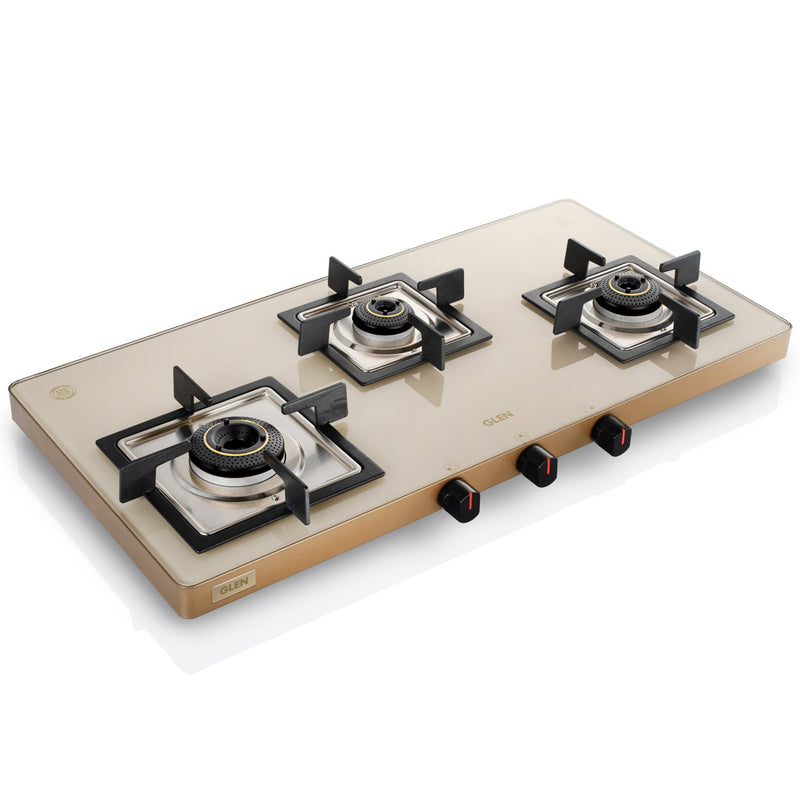 3 Burner Ultra Slim Apricot Glass Gas Stove with High Flame Forged Brass Burner - Manual / Auto Ignition (CT1035US)