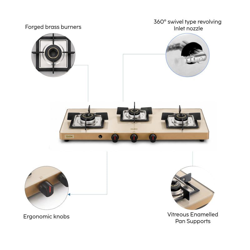 3 Burner Ultra Slim Apricot Glass Gas Stove with High Flame Forged Brass Burner - Manual / Auto Ignition (CT1035US)