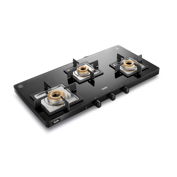3 Burner Ultra Slim Glass PNG Gas Stove with High Flame Forged Brass Burner - Manual/Auto Ignition (CT1035USBLPN)