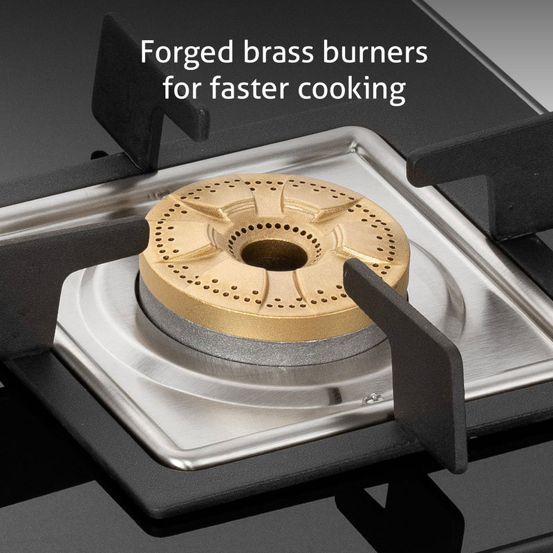 3 Burner Slim Glass Gas Stove with High Flame Forged Brass Burner - Manual/Auto Ignition (CT1038SLSQBLFB)