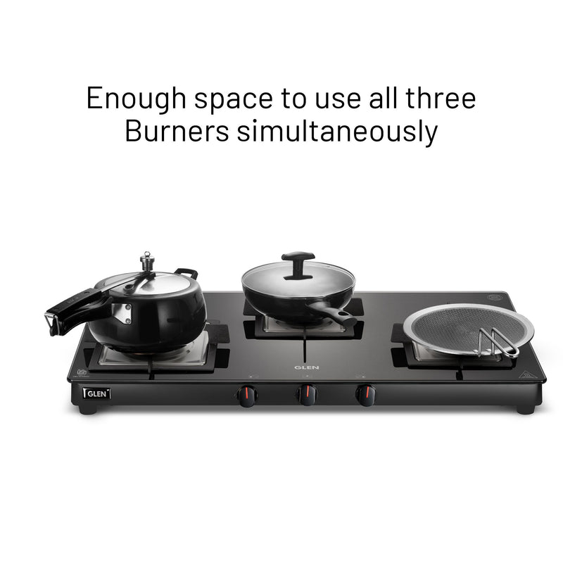 3 Burner Slim Glass Gas Stove with High Flame Forged Brass Burner - Manual/Auto Ignition (CT1038SLSQBLFB)