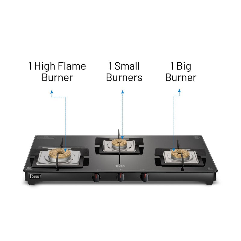 3 Burner Slim Glass Gas Stove with High Flame Forged Brass Burner - Manual/Auto Ignition (CT1038SLSQBLFB)