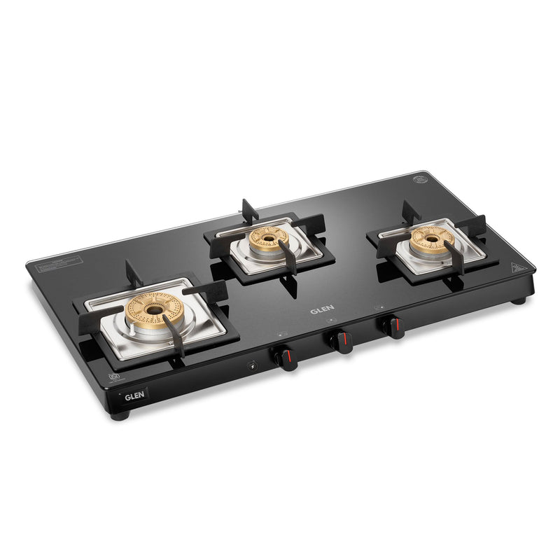 3 Burner Slim Glass Gas Stove with High Flame Forged Brass Burner - Manual/Auto Ignition (CT1038SLSQBLFB)