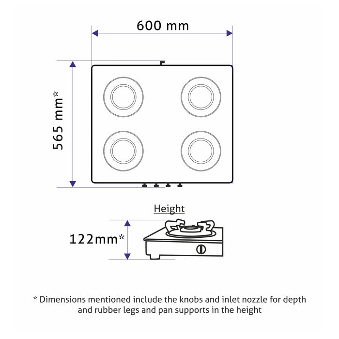 4 Burner Glass Gas Stove with High Flame Brass Burner and Crown Pan Supports (CT1042GTBBBLHFCP) - Manual/Auto Ignition